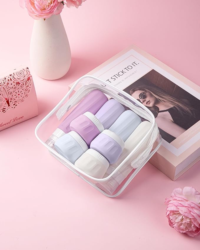 Travel Size Toiletries 8 Pack, TSA Approved 3oz/1oz Silicone Refillable Containers with Clear Travel Bag