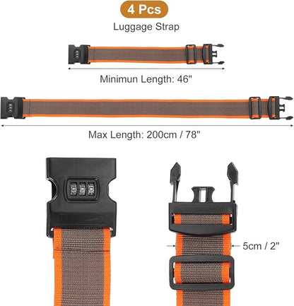 MECCANIXITY Luggage Straps with Combination Lock Adjustable Suitcase Belt Strap for Suitcase Briefcase Backpack Travel, Gray-Orange, Pack of 4