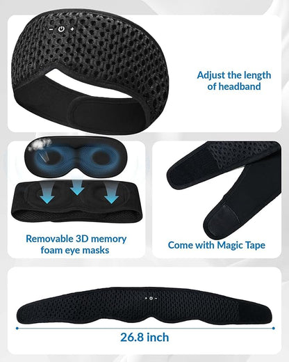 Bluetooth Sleep Mask with Removable 3D Contoured, 100% Blackout Eye Mask for Sleeping, Sleeping Headphones with Ultra-Thin Stereo Speakers, Perfect Tech Gifts for Men/Women/Insomniacs