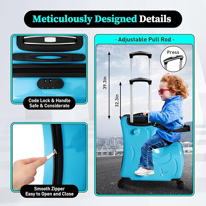 20 Inch Kids Ride-On Suitcase, Horse-Shaped Children's Travel Luggage with 4 TPE Wheels & Password Lock, 66lbs Capacity Carry-On Trolley for Ages 3-6 (Blue)