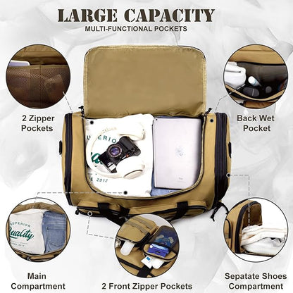 Tactical Duffle Bag For Travel Expandable 52L Large Duffle Bag For Men Gym Duffel With Wet Pocket Multi-Functional Carry On Bags Weekender Overnight Bag Organizer Duffel Bag For Travel