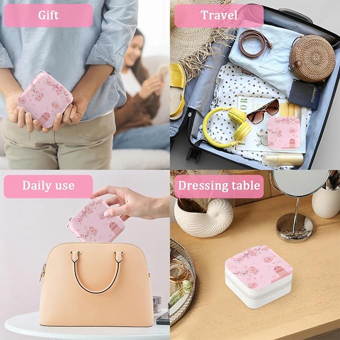 Cherry Blossom Leather Jewelry Boxes, Pink Mini Travel Jewelry Case Organizer, Elegant Jewelry Organizers and Storage with Mirror, Christmas and Birthday Present for Women's and Girls