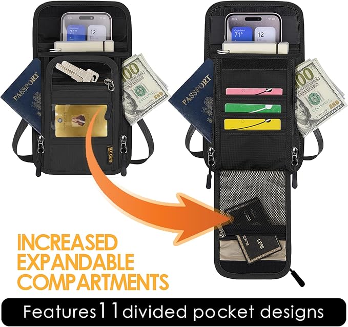 Travel Neck Wallet RFID Blocking – Hidden Passport Holder & Anti-Theft Money Pouch for Men & Women, Lightweight Concealed Undergarment Organizer with Adjustable Strap, Secure Document Holder