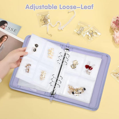 Jewelry Travel Organizer Case, PU Leather Portable Jewelry Storage Book with Transparent Pockets Zipper Bag for Necklaces, Earrings, Bracelets(48 Grids+48 Thicken PVC Bags), Lilac Purple
