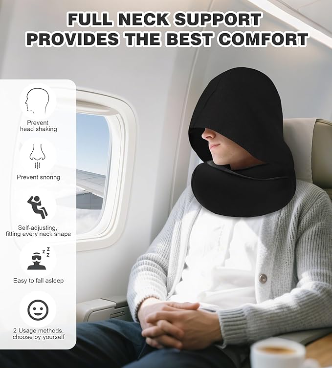 Travel Neck Pillow, Newly Upgraded Hooded Neck Pillow , 100% Pure Memory Foam Travel Pillow for Flight Headrest Sleep,Windproof and heat preservation,Suitable for use in Outdoor/ Plane/Car/Office