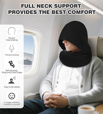 Travel Neck Pillow, Newly Upgraded Hooded Neck Pillow , 100% Pure Memory Foam Travel Pillow for Flight Headrest Sleep,Windproof and heat preservation,Suitable for use in Outdoor/ Plane/Car/Office