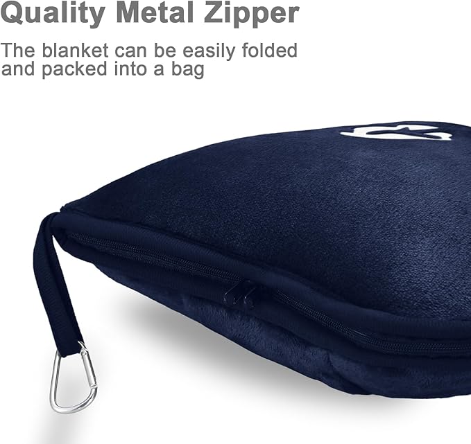 Travel Blanket and Pillow Compact, Premium Soft 2 in 1 Airplane Blanket with Soft Bag Pillowcase，Hand Luggage Sleeve and Backpack Clip (Navy)