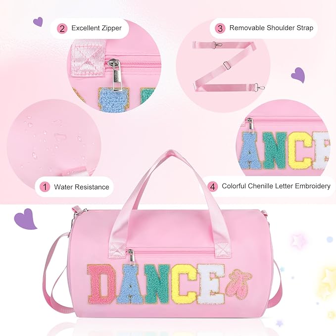 Dance Bag for Girls, KUIRAN 23L Waterproof Travel Duffel Bag with Colorful Chenille Letter, Lightweight Small Gym Sport Ballet Bag with Large Main Compartment 15"Lx9"Wx9"H - Light Pink
