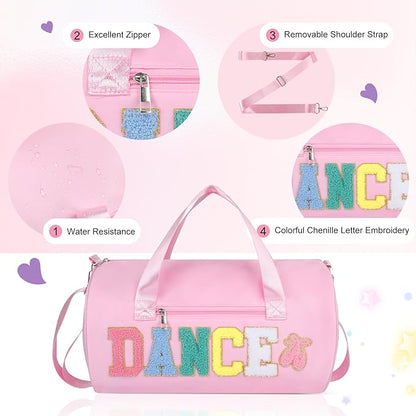 Dance Bag for Girls, KUIRAN 23L Waterproof Travel Duffel Bag with Colorful Chenille Letter, Lightweight Small Gym Sport Ballet Bag with Large Main Compartment 15"Lx9"Wx9"H - Light Pink