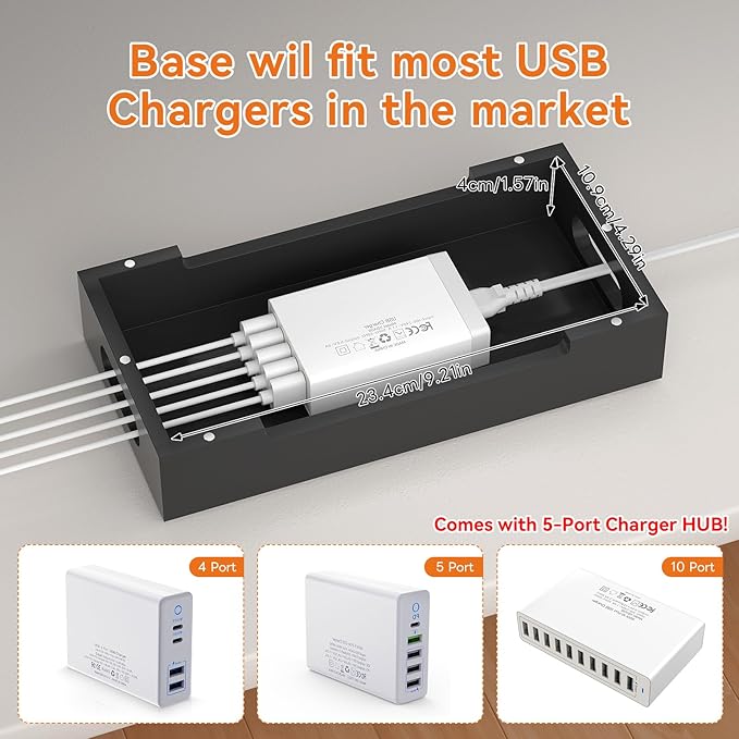 Pezin & Hulin Bamboo Charging Station with Watch Stand, Docking Holder for Multi Device with 5 Port USB Charger HUB, 5 Charge Cables, Desktop Electronic Organizer for Cellphone, Tablet, Watch-Black