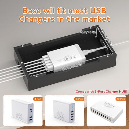 Pezin & Hulin Bamboo Charging Station with Watch Stand, Docking Holder for Multi Device with 5 Port USB Charger HUB, 5 Charge Cables, Desktop Electronic Organizer for Cellphone, Tablet, Watch-Black