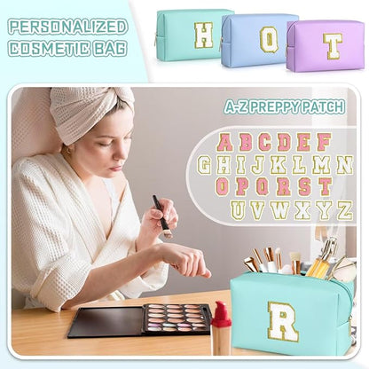 TOPEAST Initial Makeup Bag for Travel, Chenille Letter Pouch Cosmetic Bag, PU Leather Waterproof Toiletry Bag, Personalized Gifts for Bride Bridesmaids, Cute Things for Girls (Blue Q)