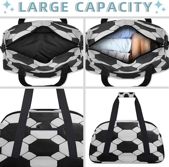 Kids Duffle Bag Girls Boys Black White Soccer Ball Sports Texture Weekender Overnight Bag,Lightweight Duffel Bags for Traveling Gym Sport Dance