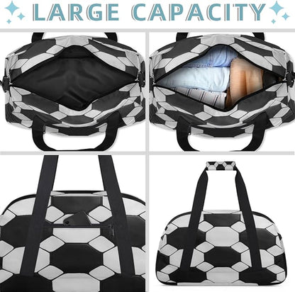 Kids Duffle Bag Girls Boys Black White Soccer Ball Sports Texture Weekender Overnight Bag,Lightweight Duffel Bags for Traveling Gym Sport Dance