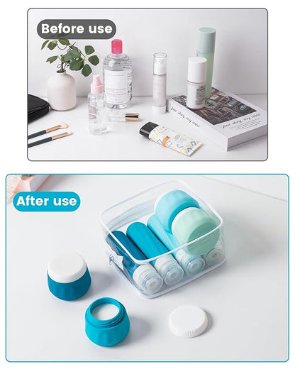 Travel Size Toiletries 8 Pack, TSA Approved 3oz Silicone Squeeze Bottles & Cream Jars with Clear Travel Bag