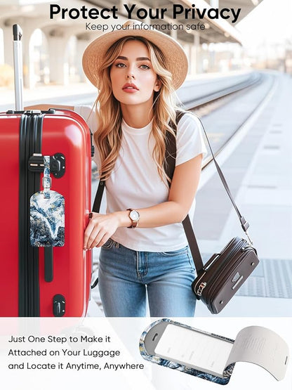 Luggage Tags Built-in Anti-Loss Tracker, Luxury Leather Luggage Tags for Suitcase, Travel Bags, Backpacks, Travel Organizer for Lost Baggage Prevention (Marble Texture)