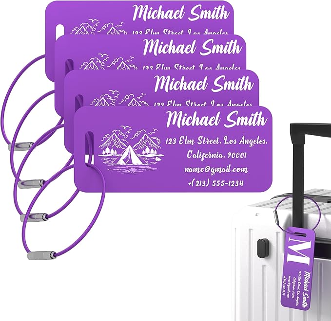 4 PCS Personalized Luggage Tags for Suitcase, Custom Engraved Aluminum Luggage Tags with Your Personalized Text Logo, Metal Name Tags with Steel Loop for Bag, Suitcase, Backpack (Purple, Small)