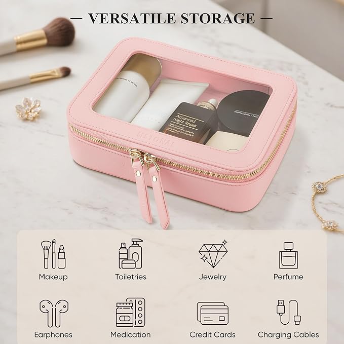 Clear Makeup Bag, Travel Toiletry Bag Cosmetic Case for Women, Waterproof Portable Make Up Skincare Pouch with Zipper, Compact Car Organizer Bag for Essentials, Medium Size, Pink