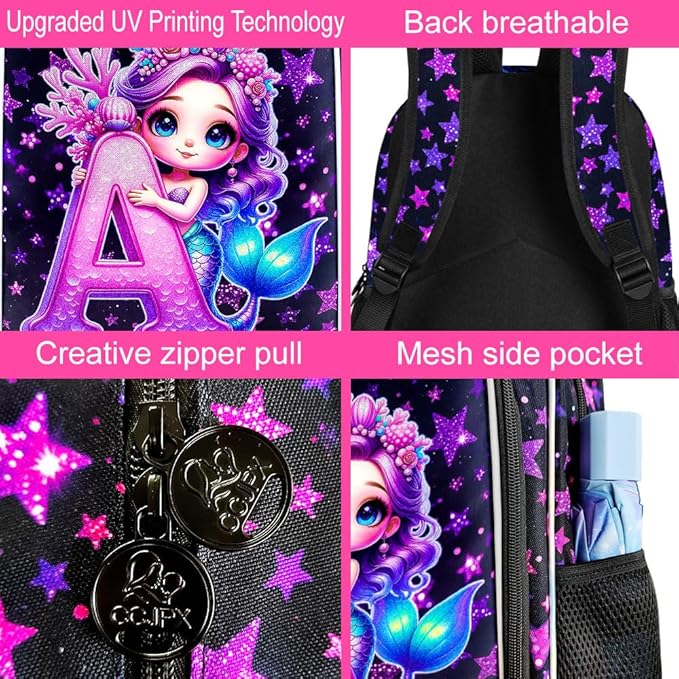 WZLVO 3PCS Mermaid Backpack Set, 16" Glittery UV Printing Girls Bookbag/School Bag with Lunch Box & Pencil Bag for Preschool to Elementary - Mermaid Holding Letter A
