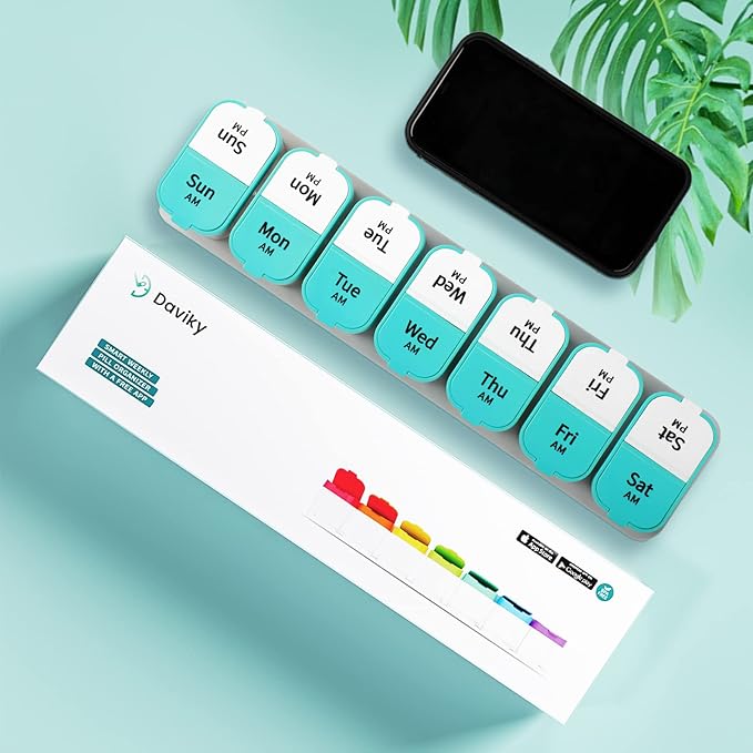 Daviky Large Weekly AM PM Pill Organizer - 7 Day, 2 Times a Day With Extra Large Compartments for Vitamins, Medicine, Supplements (Cyan)