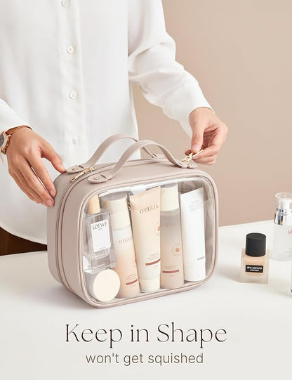 Clear Cosmetic Bag Double Layer Travel Toiletry Bag Clear Makeup Bag Case with 4 Compartments, Transparent Travel Bag for Toiletries, Large Toiletry Bag for Women Cosmetic Case (Taupe, Large)