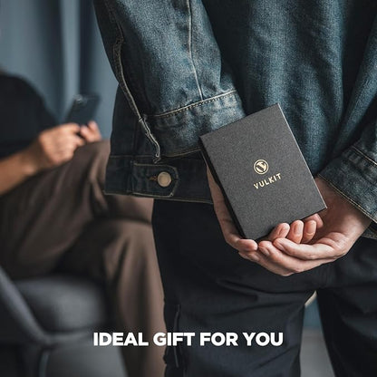 VULKIT Men's Wallet with ID Window Premium Leather Wallets RFID Blocking Minimalist Wallet Pop Up Card Holder Magnetic Closure