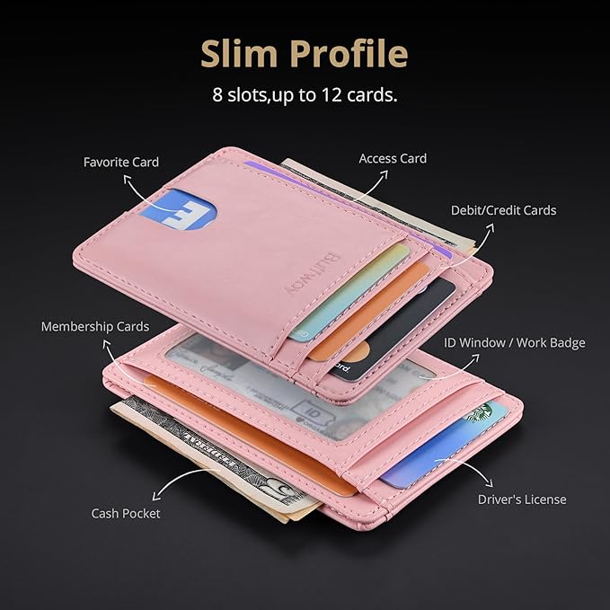 Buffway Slim Minimalist Front Pocket RFID Blocking Leather Wallets for Men and Women - Alaska Pink