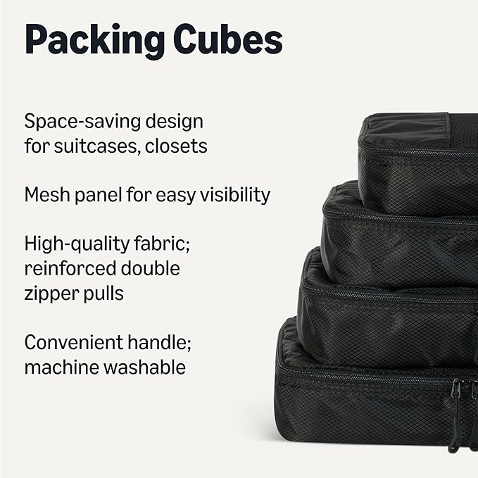 Amazon Essentials 4-Piece Packing Cubes Travel Accessories Set, Luggage Organizer with Double Zipper, Mesh Top, 100% Polyester, Medium, Black (Previously Amazon Basics)