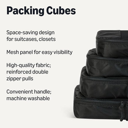 Amazon Essentials 4-Piece Packing Cubes Travel Accessories Set, Luggage Organizer with Double Zipper, Mesh Top, 100% Polyester, Medium, Black (Previously Amazon Basics)