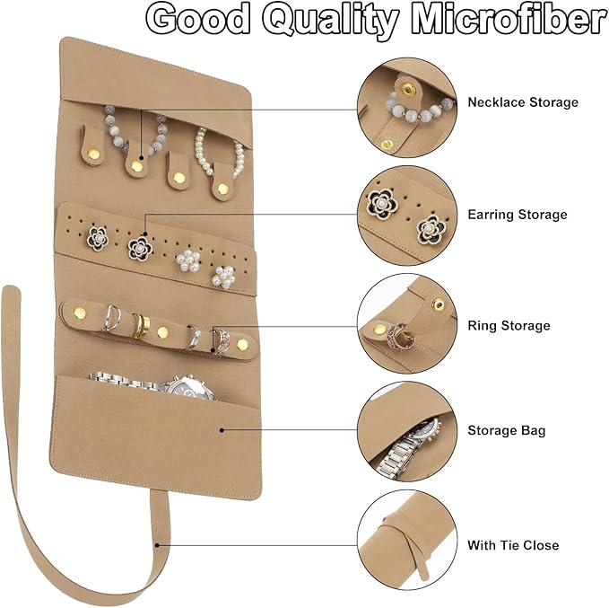 uxcell Travel Jewelry Bag Roll, Foldable Jewelry Travel Organizer with Tie Close Microfiber Jewelry Storage Roll Jewelry Case for Women Gift Necklaces Earrings Rings Bracelets, Khaki