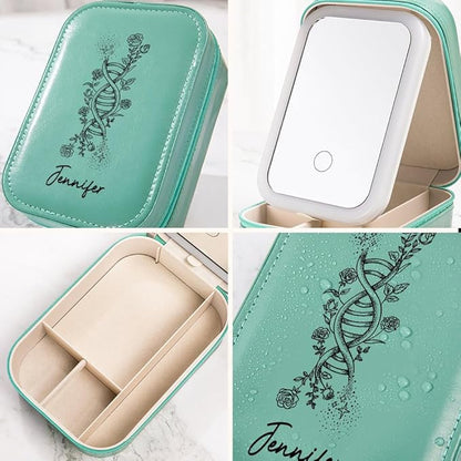 callie Personalized DNA BirthFlower Jewelry Box with Mirror & LED 3 Adjustable Light, Custom Name - Travel Makeup Organizer Box, Gift for Women Doctor Medical Staff
