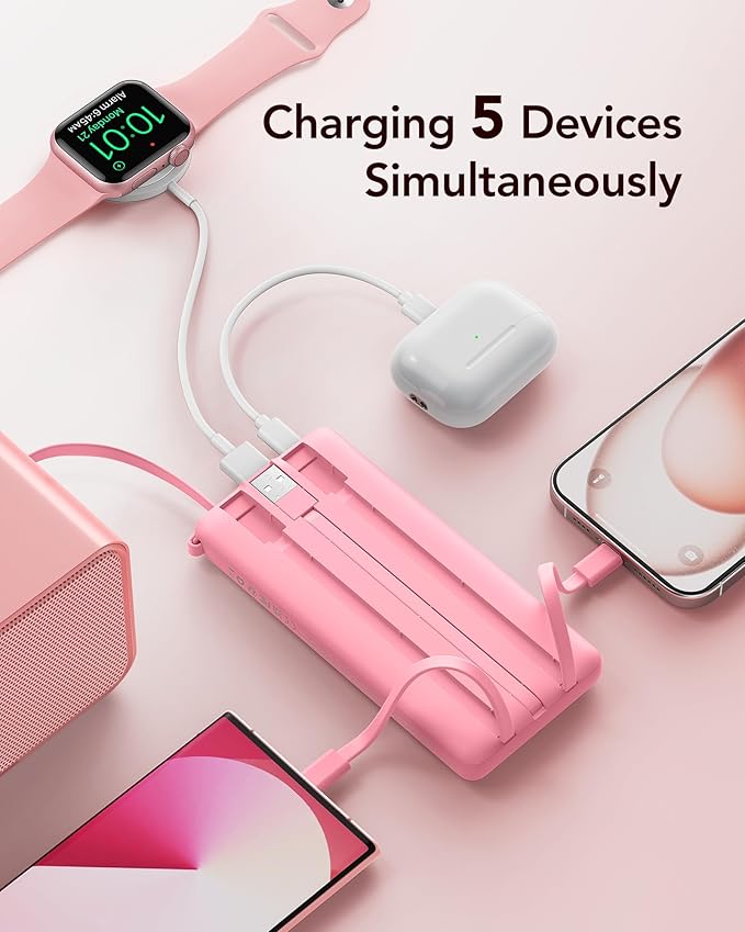 VRURC Portable Phone Charger, Travel Portable Charger with 4 Cables, 5 Outputs 2 Inputs Slim USB C Power Bank, Built-in Cables Cords for iPhone 17 16 15 14 13,Samsung,Android-Barbie Pink(1 Pack)