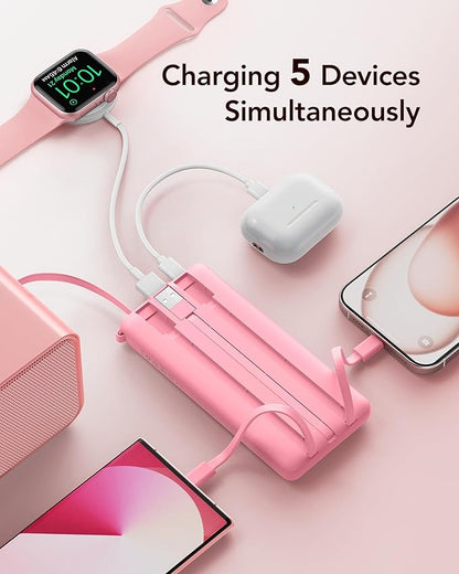 VRURC Portable Phone Charger, Travel Portable Charger with 4 Cables, 5 Outputs 2 Inputs Slim USB C Power Bank, Built-in Cables Cords for iPhone 17 16 15 14 13,Samsung,Android-Barbie Pink(1 Pack)