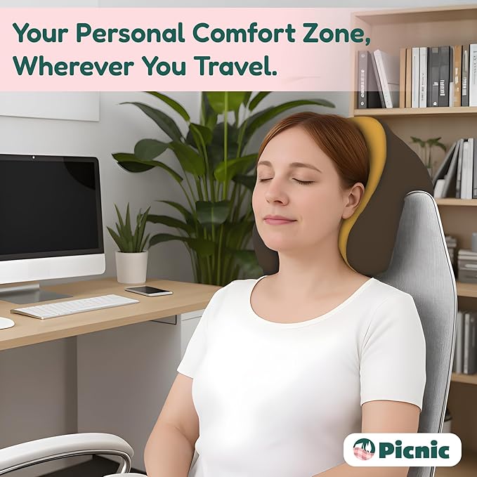 Picnic Neck Pillow for Traveling | 100% Pure Memory Foam Travel Pillow for Airplanes, Car & Office | Ergonomic Support with Adjustable Clasp, Eye Mask & Compact Travel Bag | Perfect for Relaxation