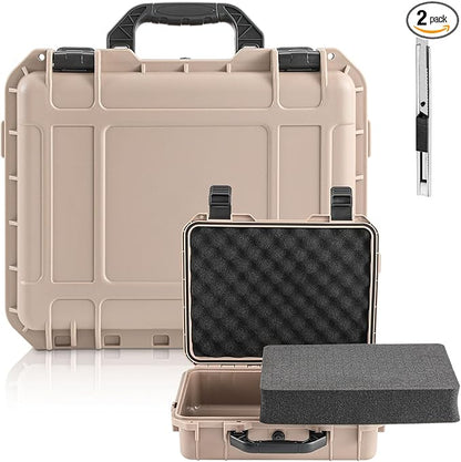 1 Pcs 16.3 x 12.4 x 6.5 Inch Waterproof Hard Case with DIY Customizable Foam Insert Portable Protective Case with Knife for Camera Drones Equipments Tools Test Instruments (Tan)