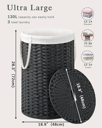 Large Laundry Hamper Laundry Basket Round 34.3 Gal (130 L) Handwoven Wicker Laundry Baskets Rattan Laundry Basket with Laundry Bag Handles 2 Mesh Bags for Living Room Bedroom Black