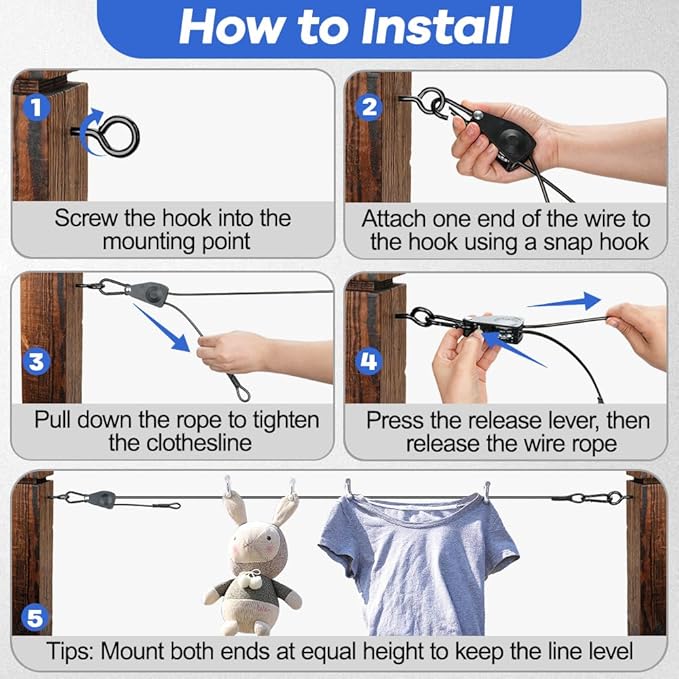 TooTaci 15ft Outdoor Clothesline Kit, 3/16" Black PVC Coated Wire Rope Heavy Duty Portable Clothes Line Kit with Self-Locking Pulley, Screw Hook & Snap Hook for Camping, Backyard, Balcony, Travel