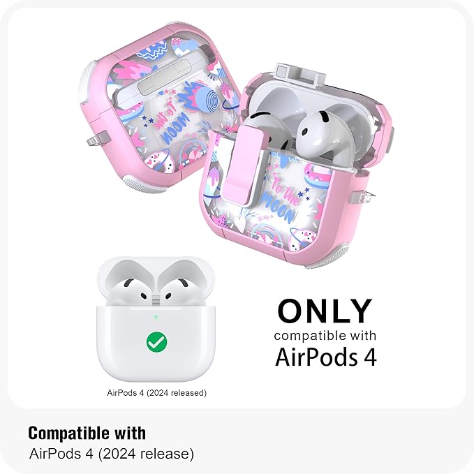 WENEW Case for AirPods 4th Case Cover Secure Lock Automatic Snap Switch Clip Cleaner Kit Lanyard Women Stylish Flower Armour Hard Shell Full Body Front LED Visible (Pink Universe, AirPods 4th)