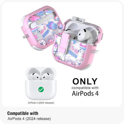 WENEW Case for AirPods 4th Case Cover Secure Lock Automatic Snap Switch Clip Cleaner Kit Lanyard Women Stylish Flower Armour Hard Shell Full Body Front LED Visible (Pink Universe, AirPods 4th)