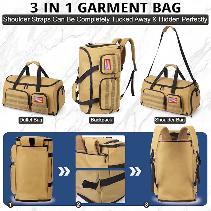 3-in-1 Tactical Garment Bag For Men,55L Large Capacity Convertible Suit Bag,Garment Bags For Hanging Clothes With Shoes Compartment, Multi-Functional Suit Bag For Travel Business
