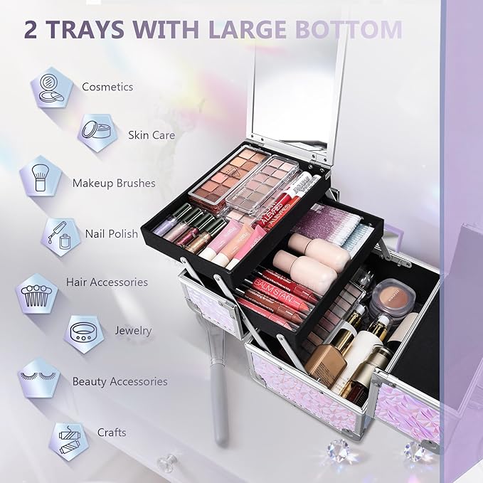 Joligrace Makeup Train Case Makeup Case Organizer Portable Cosmetic Box Storage with 2 Trays Mirror Locking with Keys Make Up Travel Case Nail Kits Traveling Makeup Box Shiny Purple