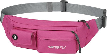 WATERFLY Small Crossbody Fanny Pack: 5 Pocket Slim Lightweight Waist Belt Hip Bag for Women Men Water Resistant Chest Pouch for Travel Hiking Running Walking Fit All Phones - Pink