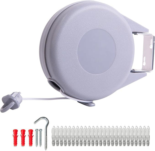 JS HANGER Retractable Clothesline Outdoor Indoor Laundry Line - 49 FT Single Lines Heavy Duty Wall Mounted Washing Line, Portable Clothes Drying Line with 24pcs Free Pegs