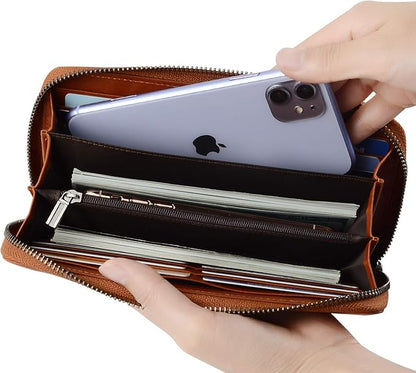 VISOUL Leather Long Zipper Pouch Wallet for Men and Women with RFID Blocking, Large Clutch Cash Long Wallet with Zipper (Orange)