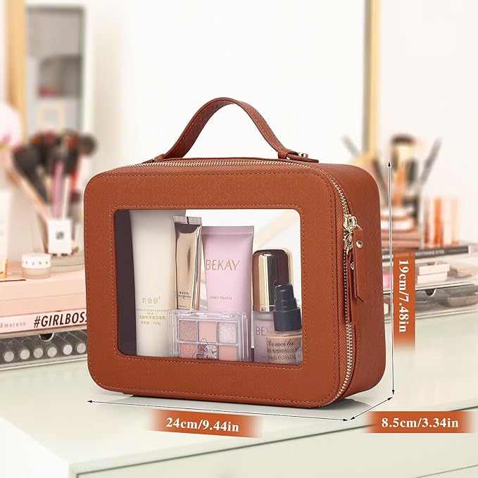 Pinkmik Clear Makeup Bag Waterproof Travel Case for Cosmetics and Toiletries Women's Makeup Organizer and Car Bag with Zipper (X/Brown, L)