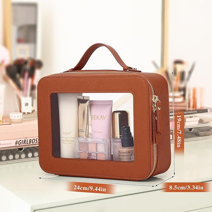 Pinkmik Clear Makeup Bag Waterproof Travel Case for Cosmetics and Toiletries Women's Makeup Organizer and Car Bag with Zipper (X/Brown, L)