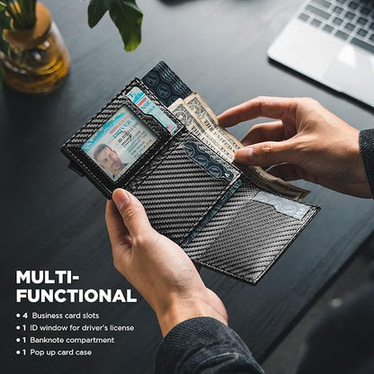 VULKIT Pop up Card Wallet Minimalist Cash Wallets RFID Blocking Leather Smart Credit Card Holder with ID window for Men (Carbon Black)