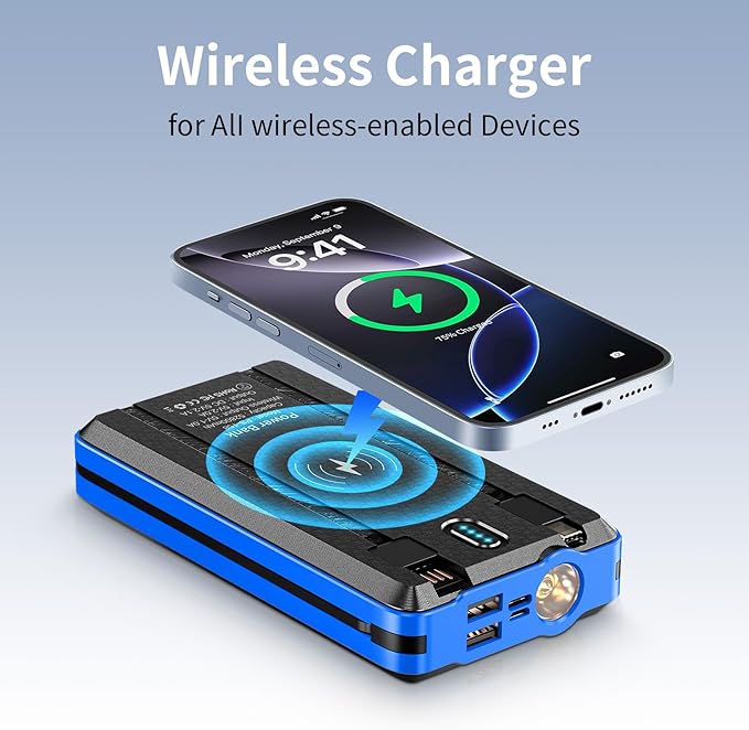 Solar Power Bank 52800mAh 5V/3A Fast Charging Battery Pack with Built in 4 Cables 2 Outputs & LED Flashlight for Cell Phone Camping and Hiking