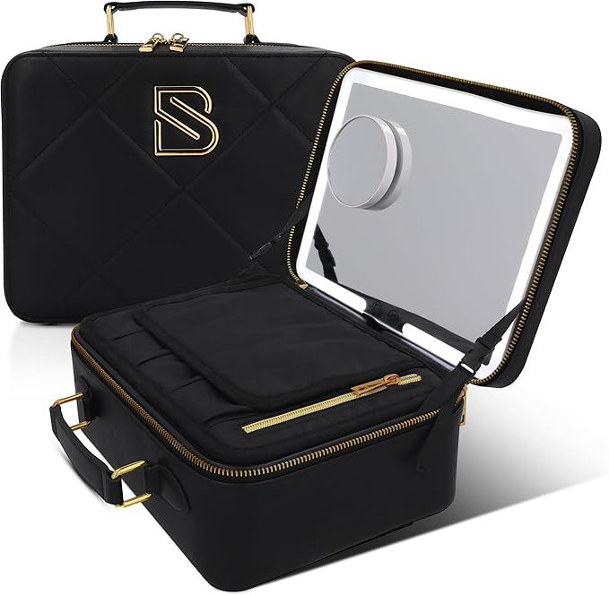 BAREZ Premium PU Leather Makeup Bag With LED Mirror - 3 Brightness Mirror Light Settings - Adjustable Dividers - Removable Mirror Waterproof Cosmetic Travel Bag - A Luxury Gift for Her (Black)