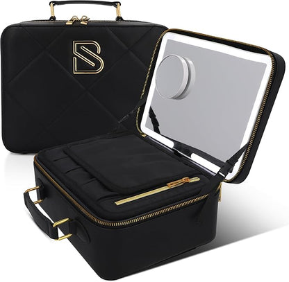 BAREZ Premium PU Leather Makeup Bag With LED Mirror - 3 Brightness Mirror Light Settings - Adjustable Dividers - Removable Mirror Waterproof Cosmetic Travel Bag - A Luxury Gift for Her (Black)